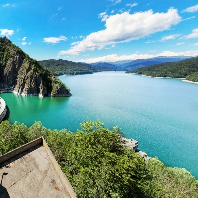 aerial drone wide view vidraru dam romania