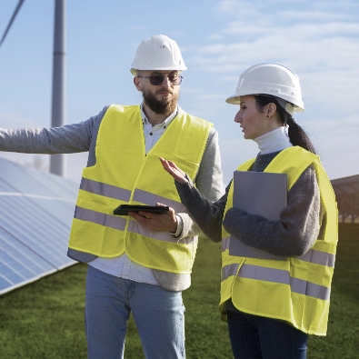 medium shot engineers talking about solar pannels